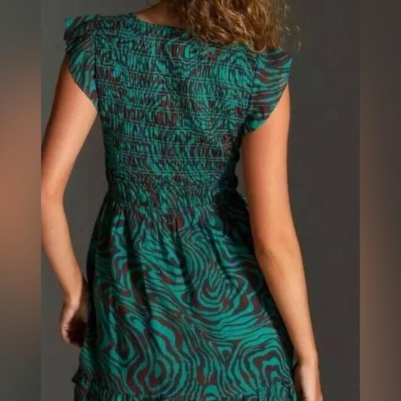 Anthropologie The Peregrine Mini Dress smocked bodice green brown swirl - Picture 2 of 6